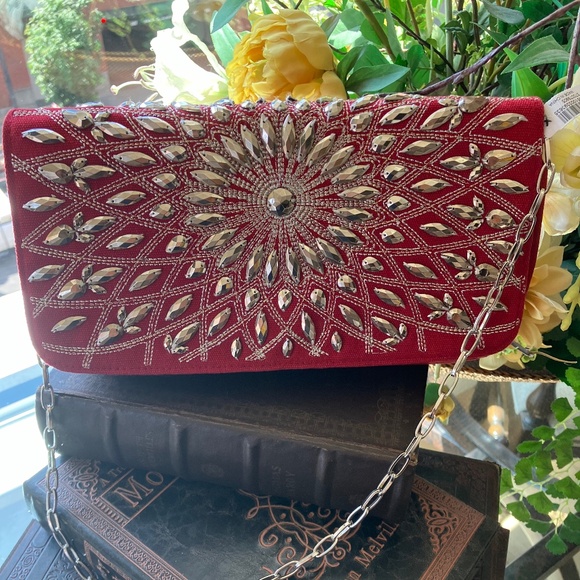 WHBM Evening Bag Red/Silver Jeweled with Silver Chain Shoulder Strap - Picture 1 of 4